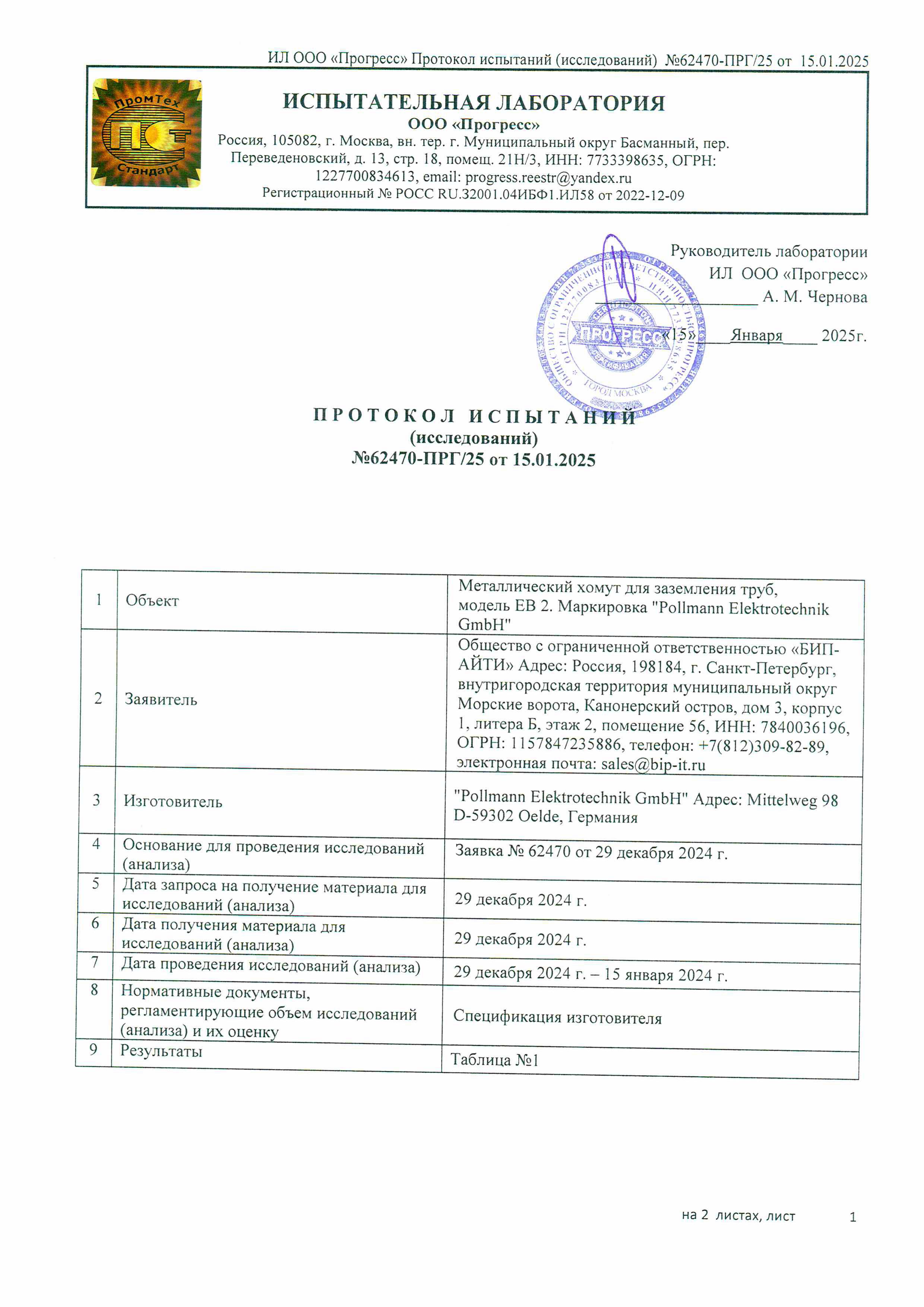 Протокол <br> испытаний Pollmann